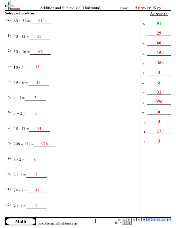  - Addition and Subtraction (Horizontal) worksheet